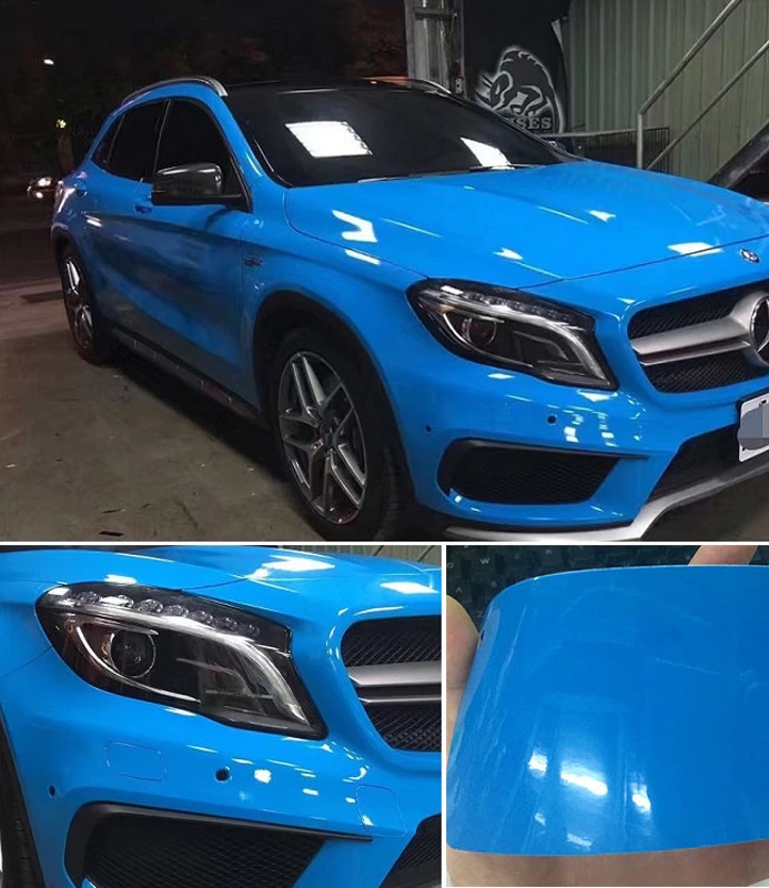 car wrapped in blue gloss vinyl